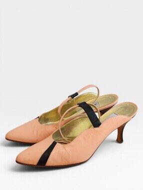 Vintage 80s Peach and Black Slingback Heels Mid Stiletto